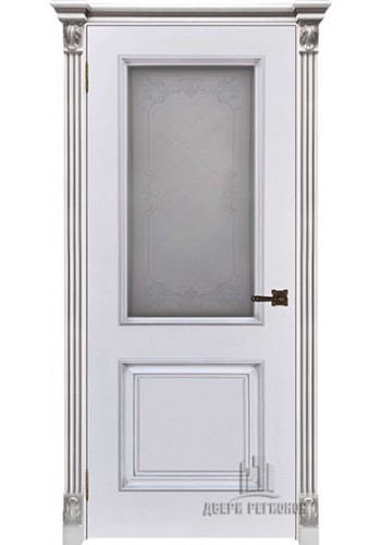 Дверь межкомнатная Багет 32 Патина серебро Эмаль белая, со стеклом